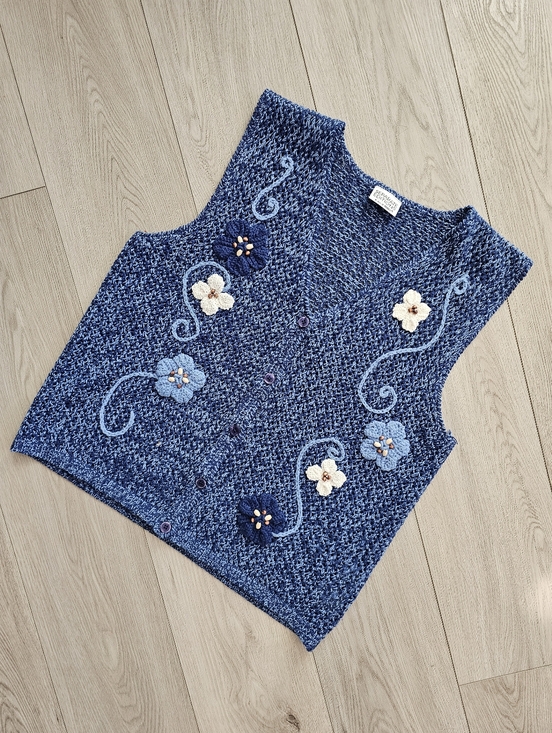 Koret Jackets & Blazers - Vintage 90s Floral Embroidered Sweater Vest Blue Cottagecore Grandmacore, Small